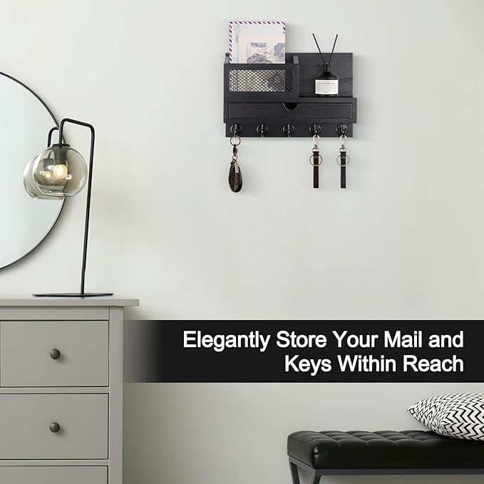 Key Holder Wall Mount, Key Holder for Wall with 5 Key Hooks and Storage Drawer Mail Organizer for Entryway Living Room Farmhouse Home Decor