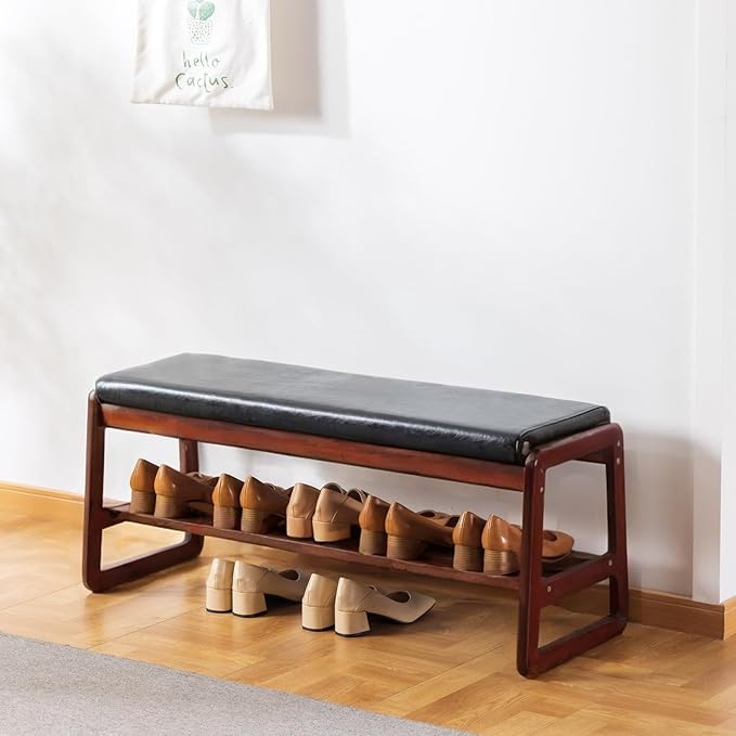 SOBIBO Solid Wood Shoe Bench, 2-Tier Wooden Entryway Bench, Modern Shoe Rack with Cushion for Hallway, Living Room (Black, 39.4'')