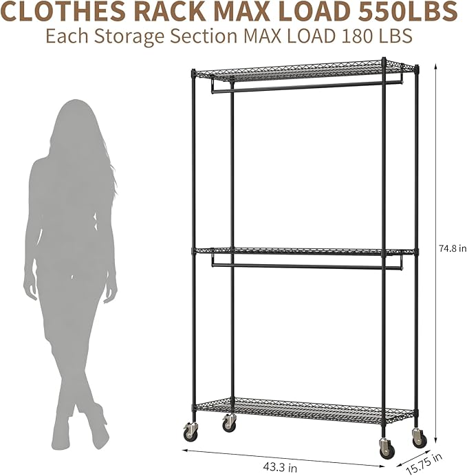 Heavy Duty Rolling Garment Rack, 3 Tier Adjustable Wire Shelving Clothing Racks with Adjustable Shelves and Double Rods for Hanging Clothes, Black Metal Freestanding Closet Organizer