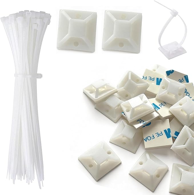 Strong Back-Glue Self Adhesive Cable Zip Tie Mounts Kit - 50 Set Cable Management Clips with 6" Zip Ties, Wire Holders - Outdoor Sticky Wire Organizer Clips-White