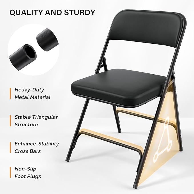 VINGLI Padded Folding Chairs with Thick Seat Cushion, Portable, Durable & Extra Comfortable Foldable Chairs for Indoor & Outdoor Events, Banquet, Party, Dinning, Work, Craft, PU, Black, 4 Pack
