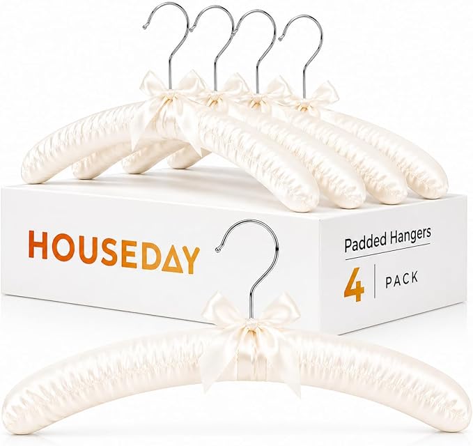 HOUSE DAY 17 Inch Satin Padded Hangers for Women, 4 Pack Heavy Duty Silk Hangers with Swivel Hooks, No Shoulder Bump Thick Foam Hangers for Sweater, Wedding Dress, Coat & Delicate Cashmere - Beige