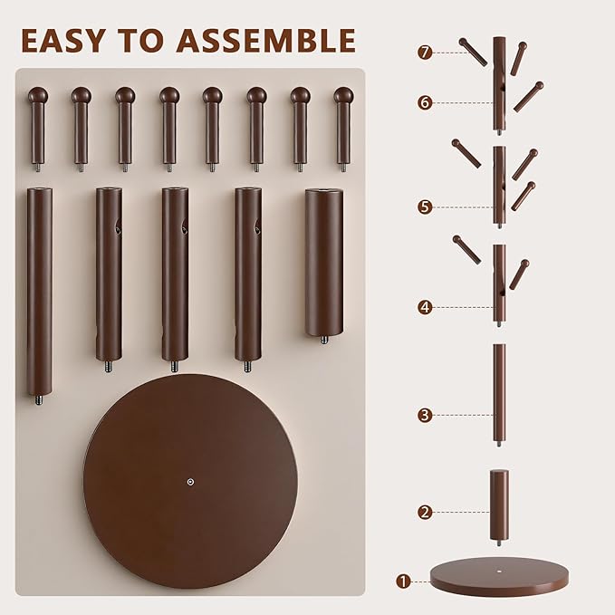 Coat Rack Freestanding Wooden Coat Tree Stand with 8 Round-tip Hooks, 3 Adjustable heights Coat Hat Rack for Entryway,Bedroom,Hallway,Office (Brown)