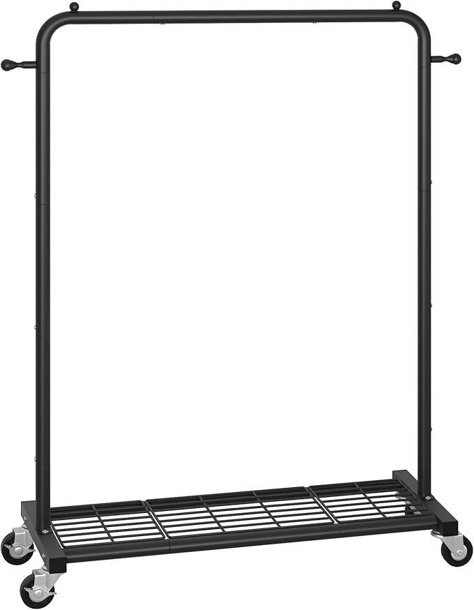 Sywhitta Clothing Rack on Wheels with Mesh Storage Shelf & Sturdy Metal Frame, Rolling Garment Rack for Hanging Clothes, Coats, Skirts, 39.76" L x 16" W x 64.56" H,Black