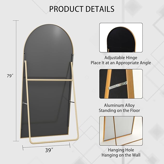 Beauty4U 79" x 39" Arched Full Length Mirror with Stand, Large Floor Mirror Full Body Tempered Glass, Gold Metal Frame Standing, Leaning or Wall Mounted Mirror for Bedroom, Living Room, Dressing Room