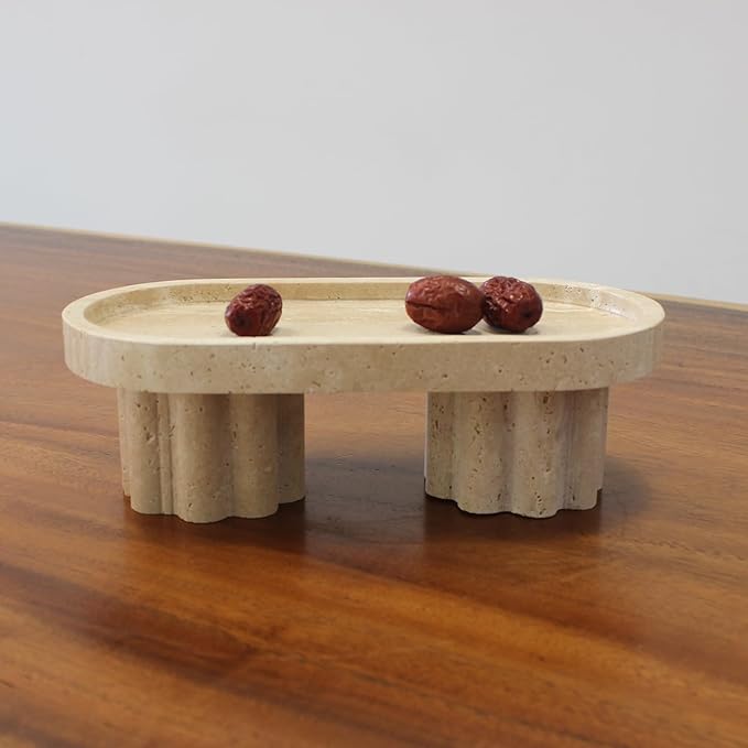 Natural Travertine Marble Oval Tray with 2 Legs, 10" Vanity Decorative Tray for Countertop Organizer, Catchall Tray for Perfume, Candles, Jewelry Dish