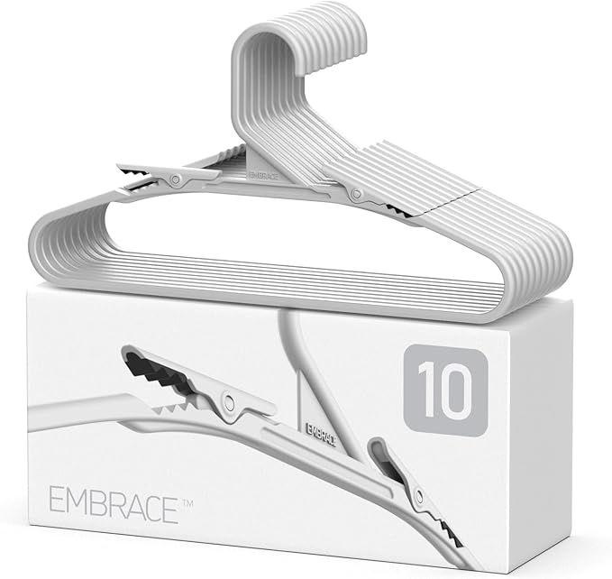 No Hassle-Hangers Best Clothes Hanger Ultra Soft Rubberized Grip Clip Keeps Garments in Place and Off the Floor. Perfect for Wide Neck Silks & Satin Tops, delicates, Athletic wear. (10, Bright Grey)