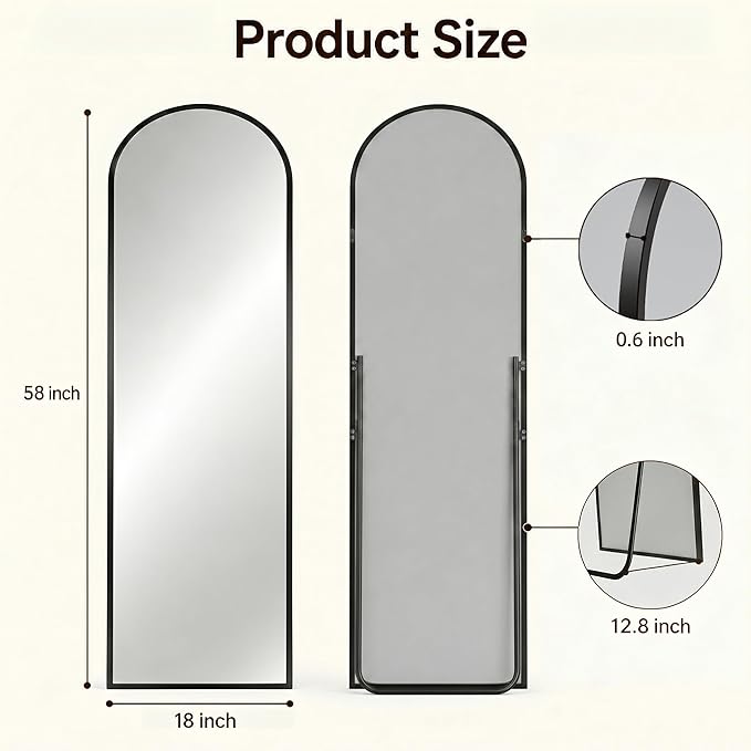 Antok Full Length Mirror, 58"x18" Floor Mirror with Stand, Hanging Mounted Mirrors for Bedroom, Living Room, Cloakroom, Dining Room, Black, Arched
