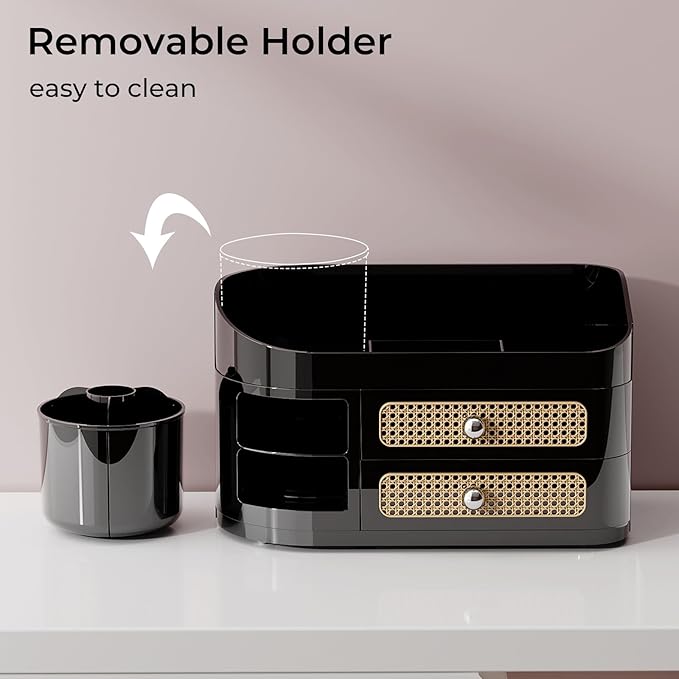 UFORU Makeup Organizer with Rotating Brush Holder, Bathroom Countertop Organizer with 2 Drawers, Easy to Store Hair Brush, Lipsticks, Perfumes, Skincare, Black