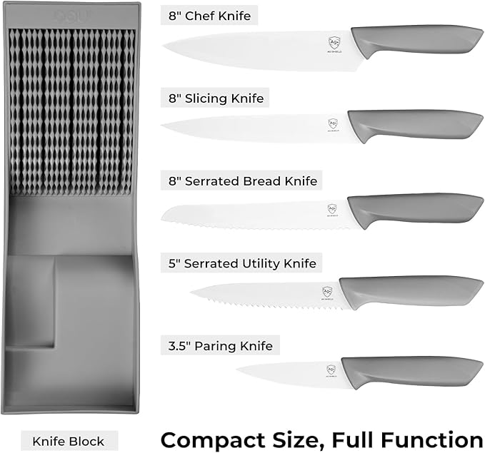 OOU In-Drawer Kitchen Knife Set, Space-Saving Cutlery and Kitchen Organizer, Includes Chef, Bread, Santoku, Utility and Paring Knives, 6-Piece Knives Sets, Gray