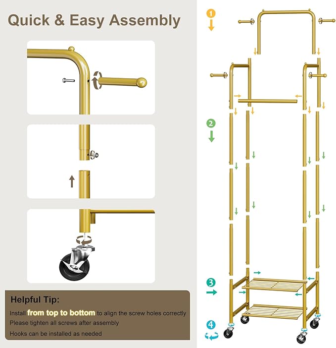 Clothing Rack with Wheels, 71" Portable Rolling Clothes Rack with 2 Shelves and 4 Hanging Rods, Small Garment Rack with 4 Hooks, Sturdy Metal Coat Rack for Bedroom, Laundry Room, Gold