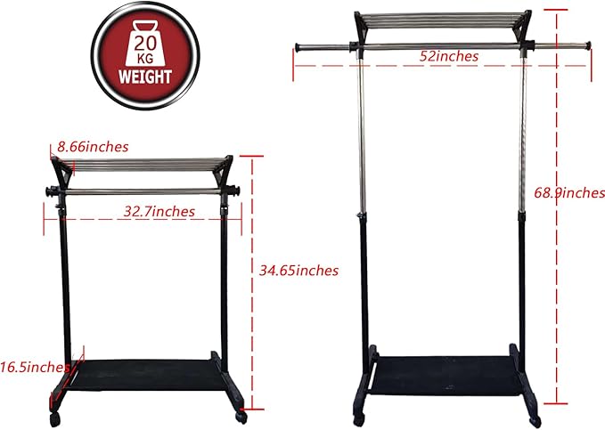 Clothes Rack on Wheels with Extra Top Storage Shelf, Expandable Rolling Garment Rack for Hanging Clothes, Heavy-duty Metal Stainless Steel Adjustable Organizer for Bedroom, Living Room