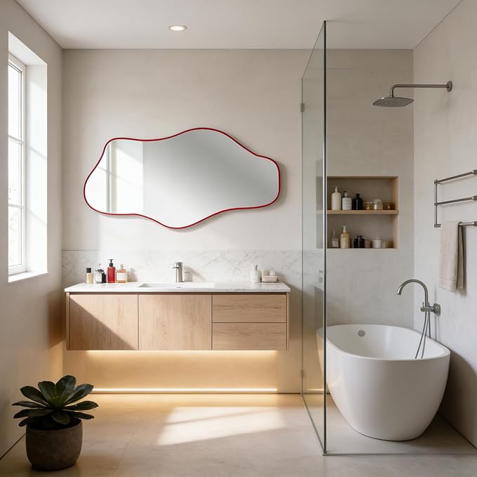 Large Irregular Mirror, 54.5"x24" Asymmetrical Tempered Glass Mirror, Red Modern Organic Shape Frameless Mirrors for Living Room Bedroom Hallway Entryway, Horizontal or Vertical Hanging