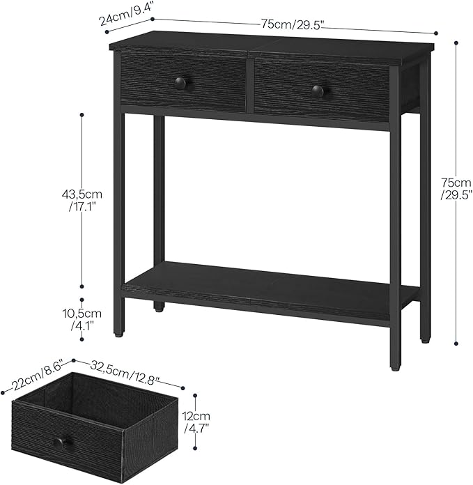 HOOBRO 29.5" Narrow Console Table with 2 Fabric Drawers, Small Entryway Table with 2-Tier Storage Shelves, Sofa Table, Behind Couch Table, for Living Room, Hallway, Black BB71XG01