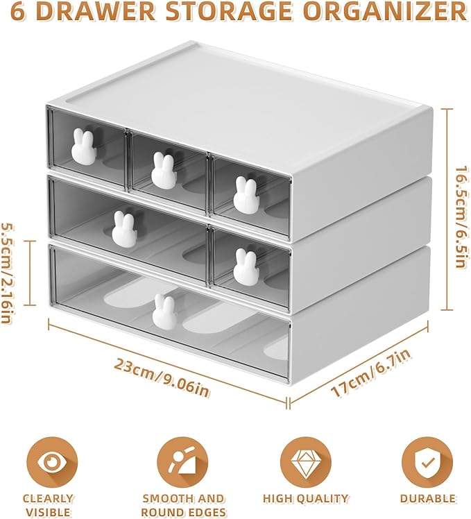 Marbrasse Desk Organizer with 6 Drawers, 3 Tier Stackable Storage Drawers Plastic Makeup Storage, Office Organizers and Storage, Desk Storage Box for Office, School, Home