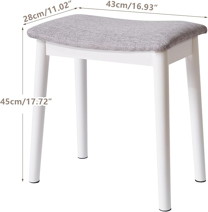IBUYKE Saddle Cushion Vanity Stool Chair, Foot Rest Stool with Solid Wood Legs, Modern Vanity Bench Ottoman for Piano, Upholstered Seat for Bedroom, Entryway, White Legs&Light Gray WBD007WG