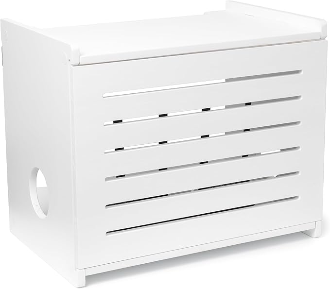 Wooden WiFi Router Storage Box - Deluxe Wall Mountable Decorative Modem Shelf Hider Cover with Cable Management System - Rustic Home Organization Solution for Most Routers Up to 11" Tall - White