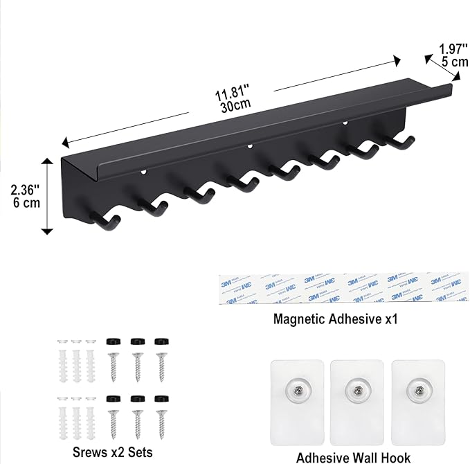 Volnamal Key Holder Wall Mount, Magnetic Key Hooks and Mail Organizer Tray with 8 Hooks, Adhesive Key Rack Hanger for Entryway, Refrigerator, Black