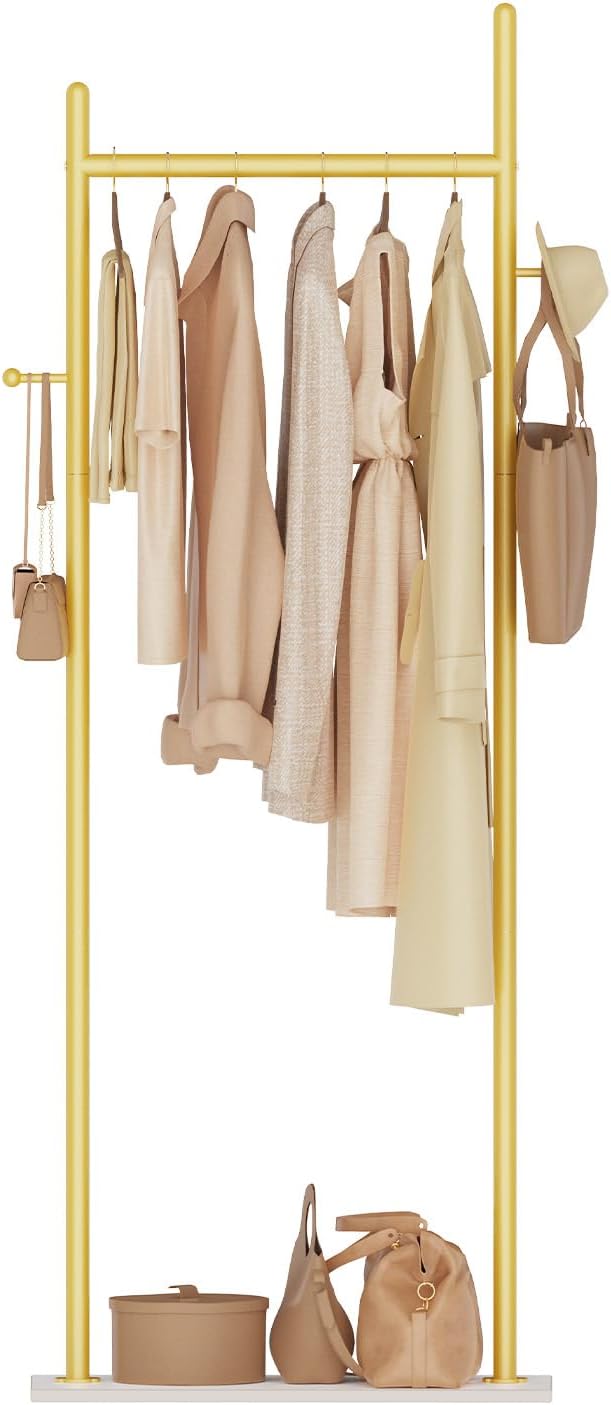 Large Metal Coat Rack Freestanding, Modern Coat Hanger Stand with 2 Hooks and Heavy Rock Slab Base, Industrial Clothes Rack, Garment Rack, 19.7 x 11.8 x 68.9 In, Golden Yellow, GYJ202MWJ