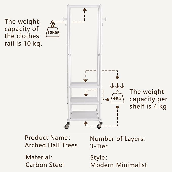 Dttwacoyh Narrow Hall Tree for Small Spaces,Space-Saving Solution for Tall Free Standing Metal Garment Rack with Shelves，Hook and Wheels for Entryway, Mud Room, Laundry Room,Bedroom- White