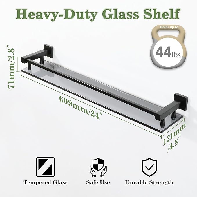 Alise Glass Bathroom Shelves Wall Mounted, 24 Inch Matte Black Tempered Floating Shelves Bathroom, Stainless Steel Bathroom Glass Shelf