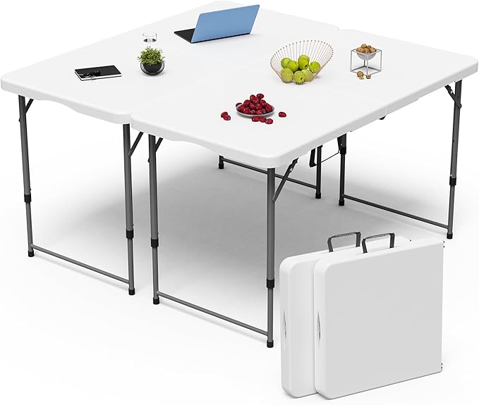 Folding Table 4 Foot for Indoor Outdoor, Portable Heavy Duty Fold-in-Half Utility Small Plastic Adjustable Height Folding with Carrying Handle for Picnic and Party, White (White, 4 FT - 2 PACK)