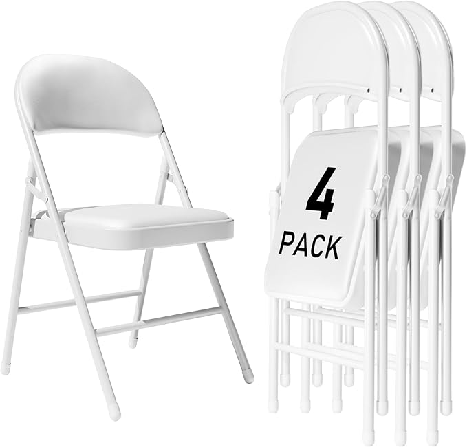 Black Folding Chairs 4 Pack, 350LBS Heavy-Duty Steel Frame Padded Foldable Chairs for Indoor Outdoor Wedding Party Dining Events (White, 4 Pack)