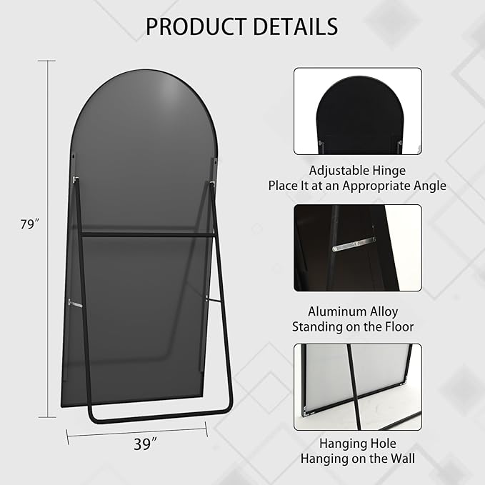 Beauty4U 79" x 39" Arched Full Length Mirror with Stand, Large Floor Mirror Full Body Tempered Glass, Black Metal Frame Standing, Leaning or Wall Mounted Mirror for Bedroom, Living Room, Dressing Room