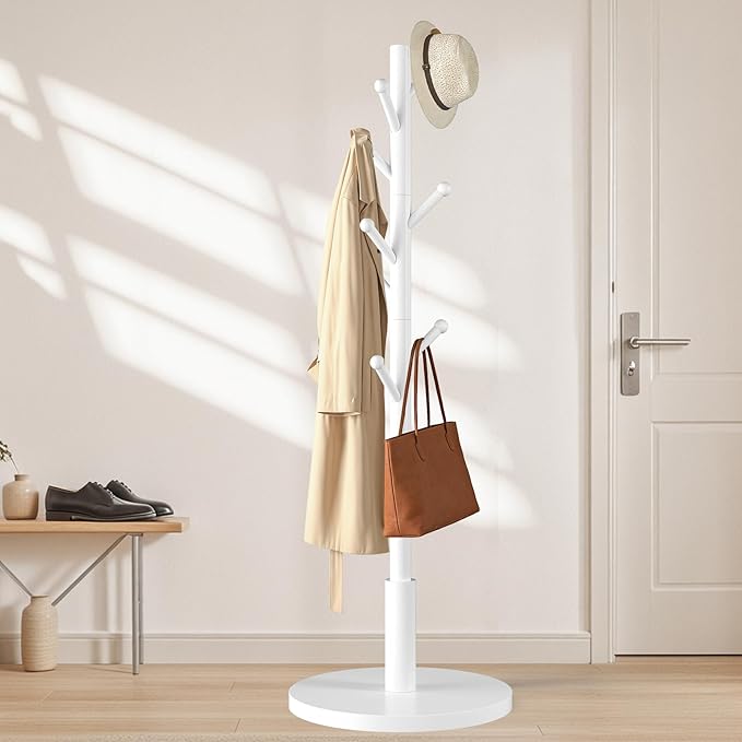 Coat Rack Freestanding Wooden Coat Tree Stand with 8 Round-tip Hooks, 3 Adjustable heights Coat Hat Rack for Entryway,Bedroom,Hallway,Office (White)
