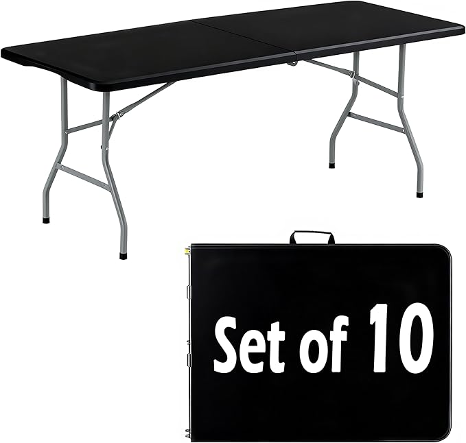 6FT Folding Table Set of 10 Portable Heavy Duty Plastic Table with Carrying Handle Fold-in-Half Utility Foldable Tables for Parties Wedding Events Dining Indoor Outdoor Picnic (Black)