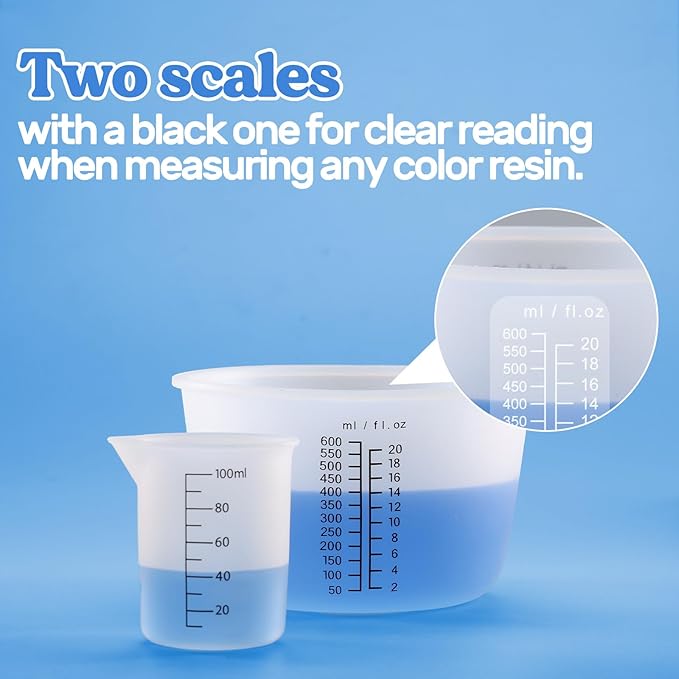 LET'S RESIN Silicone Measuring Cups, 600ml/20oz&100ml Accurate 2 Scales Durable Measuring Cups, Thicker&Non-Stick Resin Mixing Cups, Silicone Stirring Stick, Easy Clean Resin Supplies for Resin Mixing
