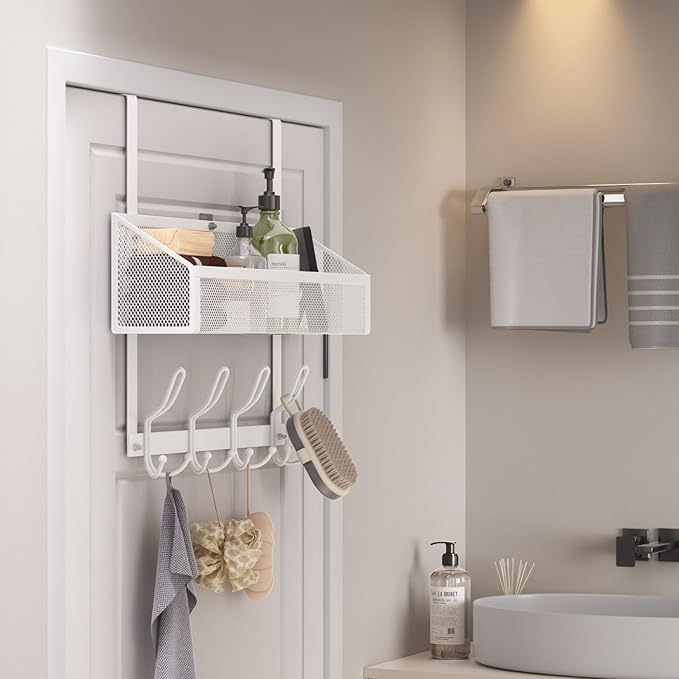 Over Door Hook Organizer, 12 Hook Over The Door Organizer with Mesh Basket - Back of Door Storage Towel Rack Space Saving Storage Organizer for Bedroom, Bathroom, Kitchen, Pantry, White
