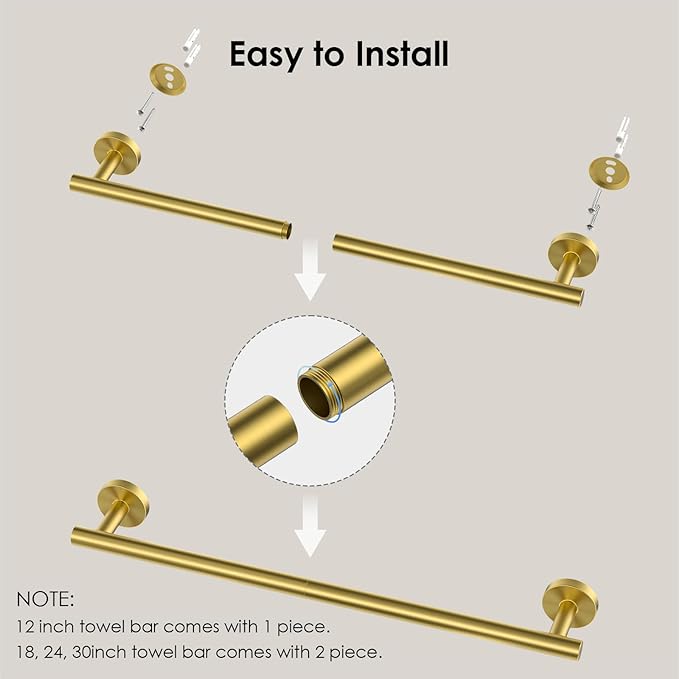 FORIOUS Towel Bar Wall Mounted, Stainless Steel Towel Racks for Bathroom, Includes Wall Mounting Hardware (Brushed Gold, 32 Inch)