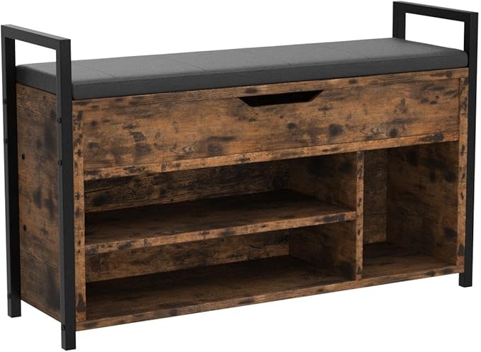 IRONCK Shoe Storage Bench, Entryway Bench with Lift Top Storage Box, Metal and Board Bench for Entryway, Two Tier Shoe Rack Organizer for Entryway, Hallway, Industrial, Vintage Brown