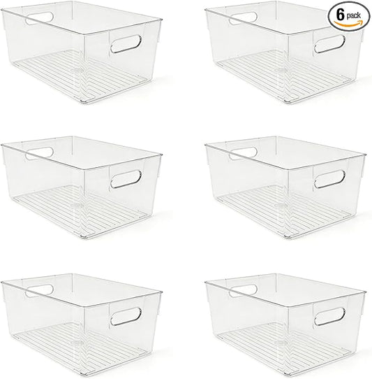 6 Pack Thick Clear Stackable Storage Bins, Cabinet Organizer, Plastiic Containers with Handle for Kitchens, Bathrooms and Fridge and Desktop