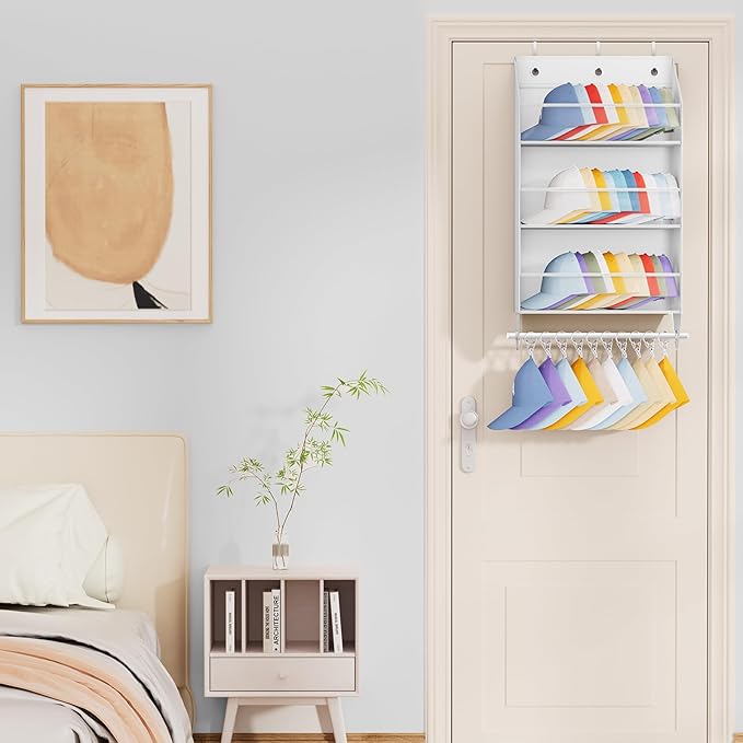 Homsorout Over the Door Hat Rack - 3-Layer Design Hat Organizer Holds 30-36 Hats with 10 Hooks, Ideal Hat Rack for Door, Over the Door Organizer for Closet, Apartment, Bedroom, Dorm, 1 Pack, White