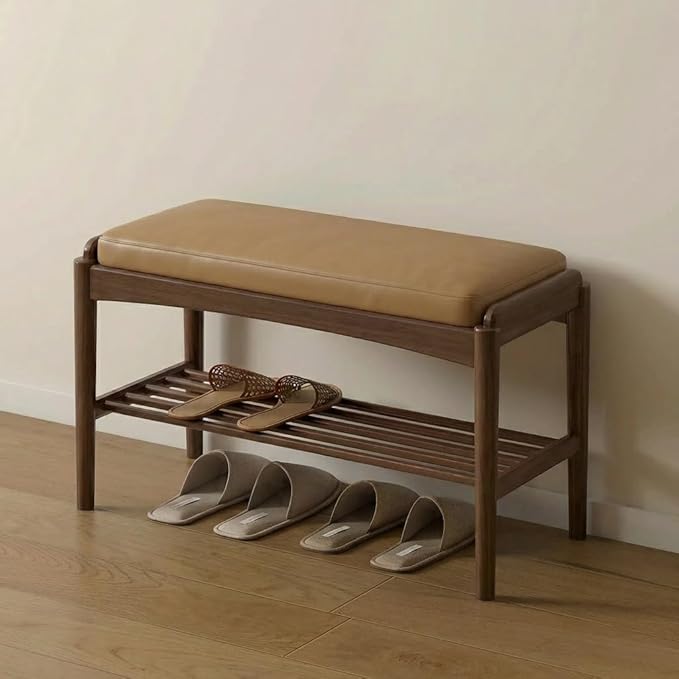 Black Walnut Shoe Bench Assembled, Solid Wood Shoe Rack Bench with Silicone Leather Cushion for Entryway, Living Room, Bedroom, Hallway