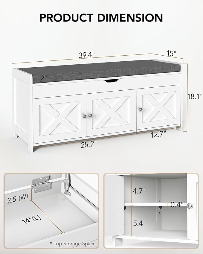 Pipishell Shoe Storage Bench, 2-Tier Shoe Bench with Cushioned Seat, Entryway Bench with Adjustable Shelf & Barn Doors, 300 lbs Capacity, 39.4" x 15" x 18", for Entryway, Bedroom, Living Room, White