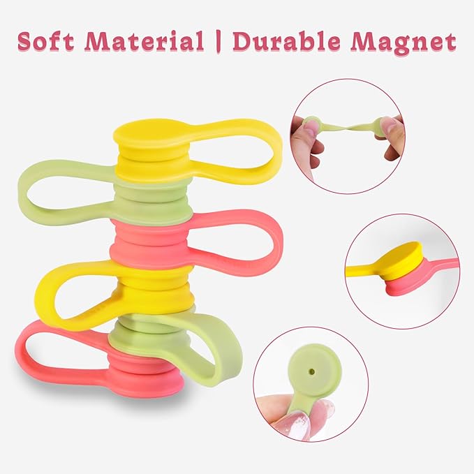 Viaky Magnetic Cable Ties 6-Pack, Reusable Silicone Cord Organizers for Desk Management, Quick-Snap Enclosed Magnetic Straps for USB and Appliance Cords - Red, Yellow, Green