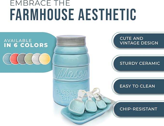 Comfify Mason Jar Kitchenware Set – Aqua Blue Ceramic Decor with 4 Measuring Cups, 4 Measuring Spoons, and Spoon Rest