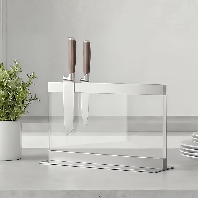 THMINS Acrylic Magnetic Knife Holder, Large Transparent Magnetic Knife Block Double-Sided Magnetic Kitchen Countertop Universal Knife Display Stand Multifunctional Storage