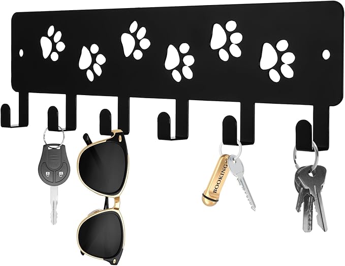 Key Holder Wall Mount & Dog Leash Holder for Wall, Metal Key Rack with 6 Hooks Decorative Animal Storage Rack Adhesive for Entrance Living Room Kitchen Dog Paws Design WallOrganizer