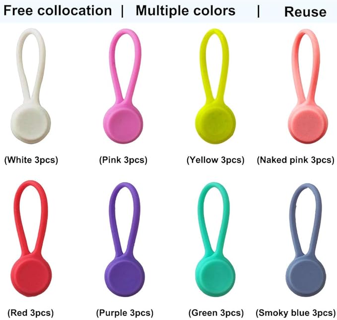 Reusable Magnetic Ties with Strong Magnet for Bundling and Organizing Cables,Headphone Cables,USB Charging Cords,Hanging & Holding Keychain,Silicone Cord Winder Magnetic Cable Clips 8 Colors - 24 Pack