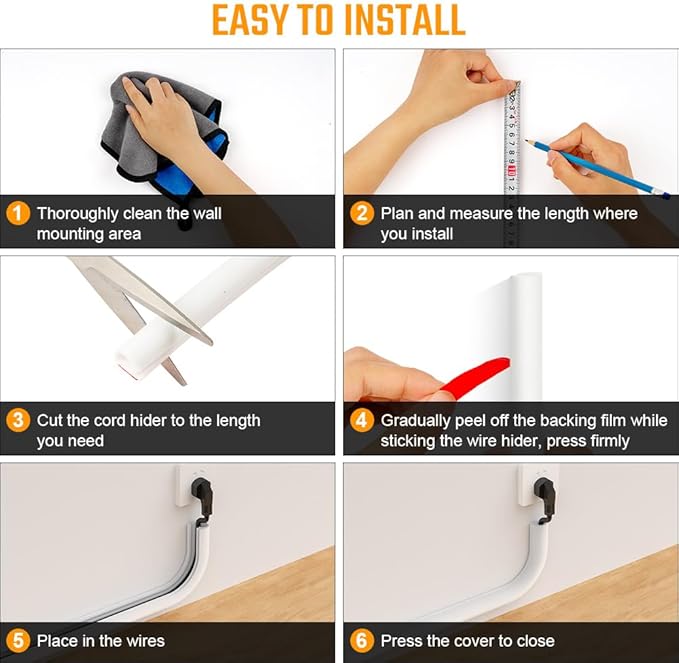 AUAUY 78" Cord Hider for Wall Mount TV, Self Adhesive Silicone Cord Covers, Flexible Hiding Wires on Wall, Cable Cover Raceway Kit for Wires, Home Office, Walls & Floors, White(0.55" W x 0.43" H)