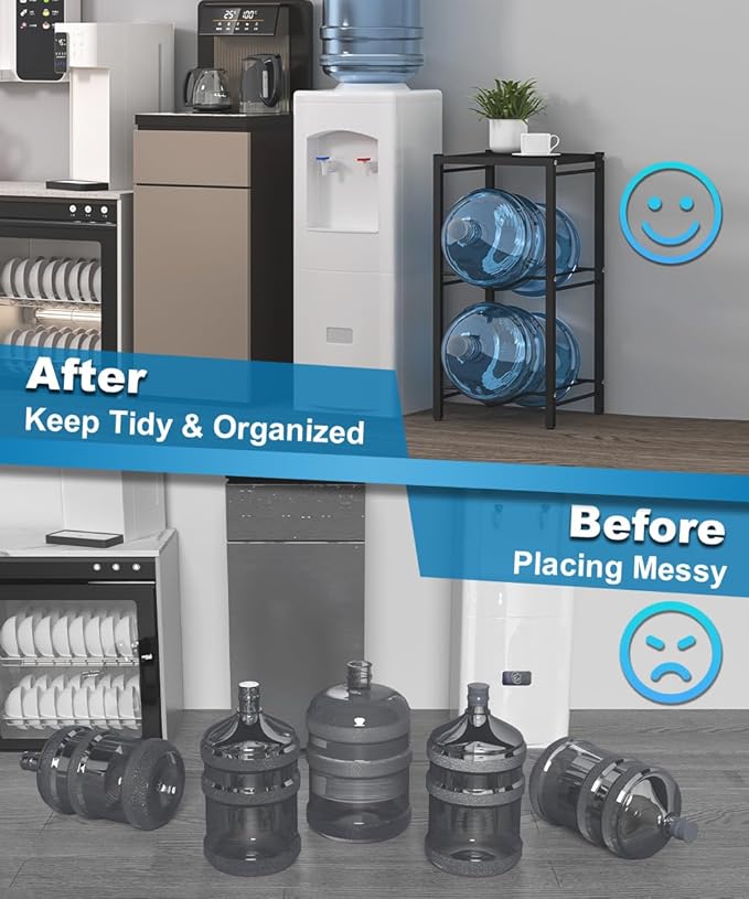 mocomax 5 Gallon Water Jug Rack, 3 Tier Detachable Water Bottle Holder With Storage Shelf, Heavy Duty Water Jug Dispenser Stand Organizer for Kitchen, Office, Home, Black
