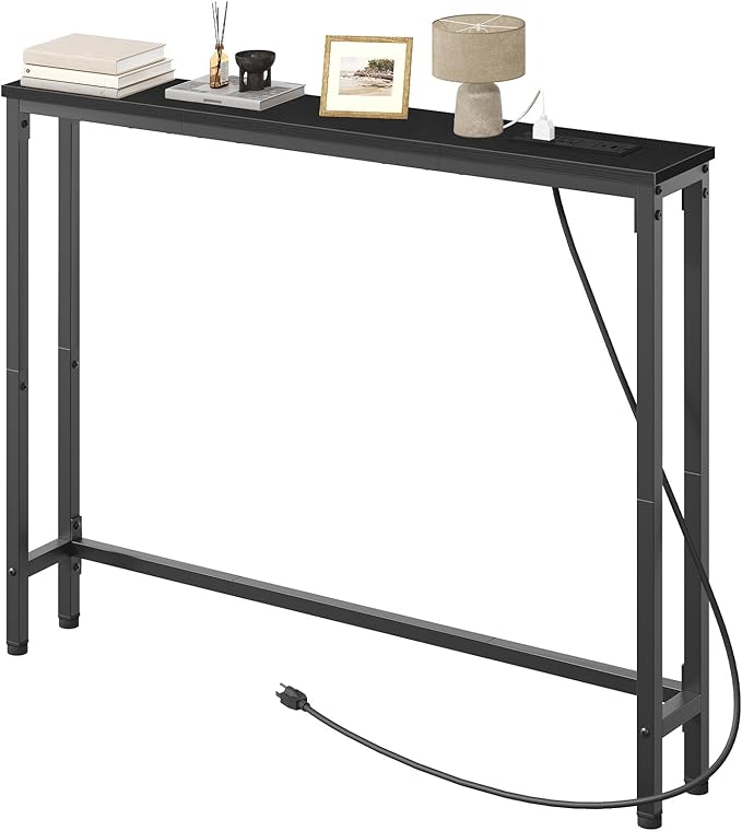 HOOBRO 39.4 Inch Narrow Console Table with Power Outlets, 5.9 Inch Sofa Table with Storage, Skinny Behind Couch Table, for Entryway Hallway, Small Spaces, Black BB52UXG01G1