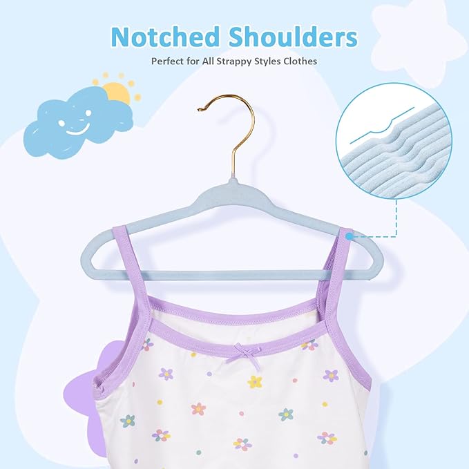 Tonswachic 30-Pack 11 Inch Baby Closet Hangers with 10 Clips - Soft Velvet Non-Slip Hangers for Infant & Toddler Clothes - Blue