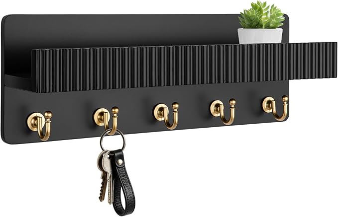 Key Holder Wall Mount, 14" Wooden Entryway Key and Mail Organizer with 5 Metal Hooks, Decorative Key Hanger Rack for Bag, Coat, and Dog Leash, Black