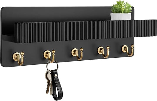 Key Holder Wall Mount, 14" Wooden Entryway Key and Mail Organizer with 5 Metal Hooks, Decorative Key Hanger Rack for Bag, Coat, and Dog Leash, Black
