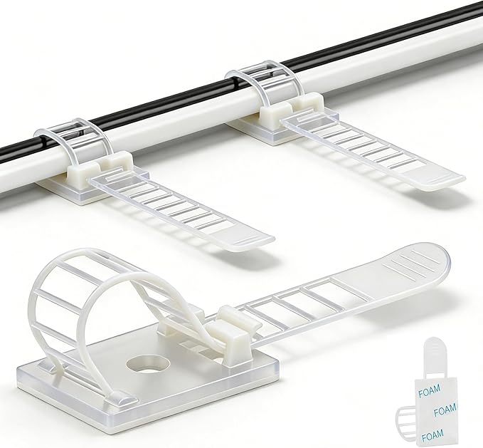 Cable Ties Cable Clips Wire Management Cord Clips Under,Desk Cable Management Reusable Zip Ties Wire Organizer Under Desk 50 packs (White)
